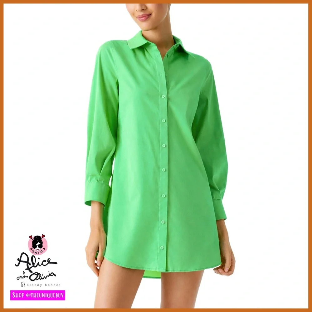 Alice + Olivia Dimitra Button Down Rolled Sleeve Green Mini Dress